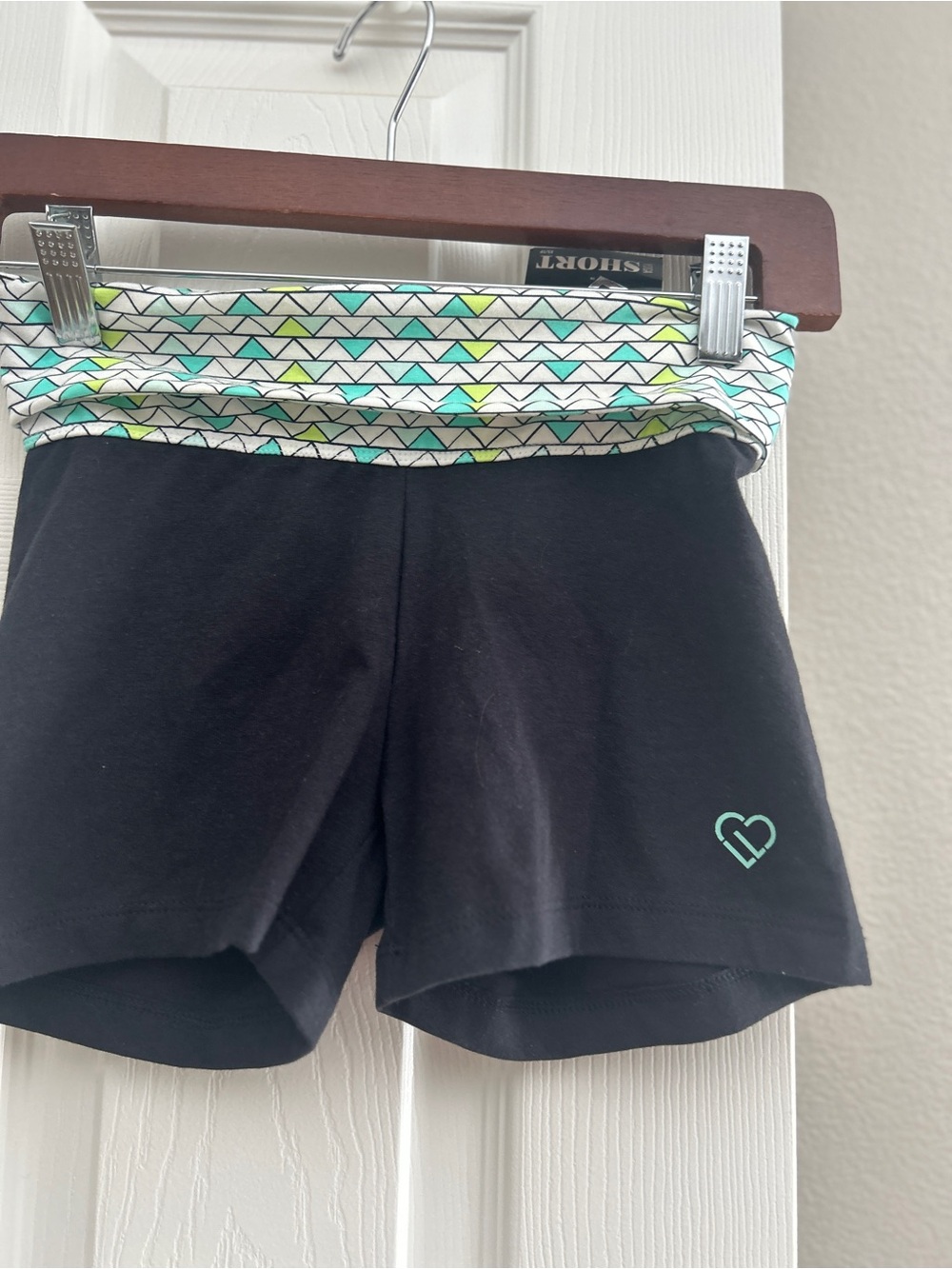 Black Fold-Over Waist Active Yoga Shorts with Mint Heart Accent